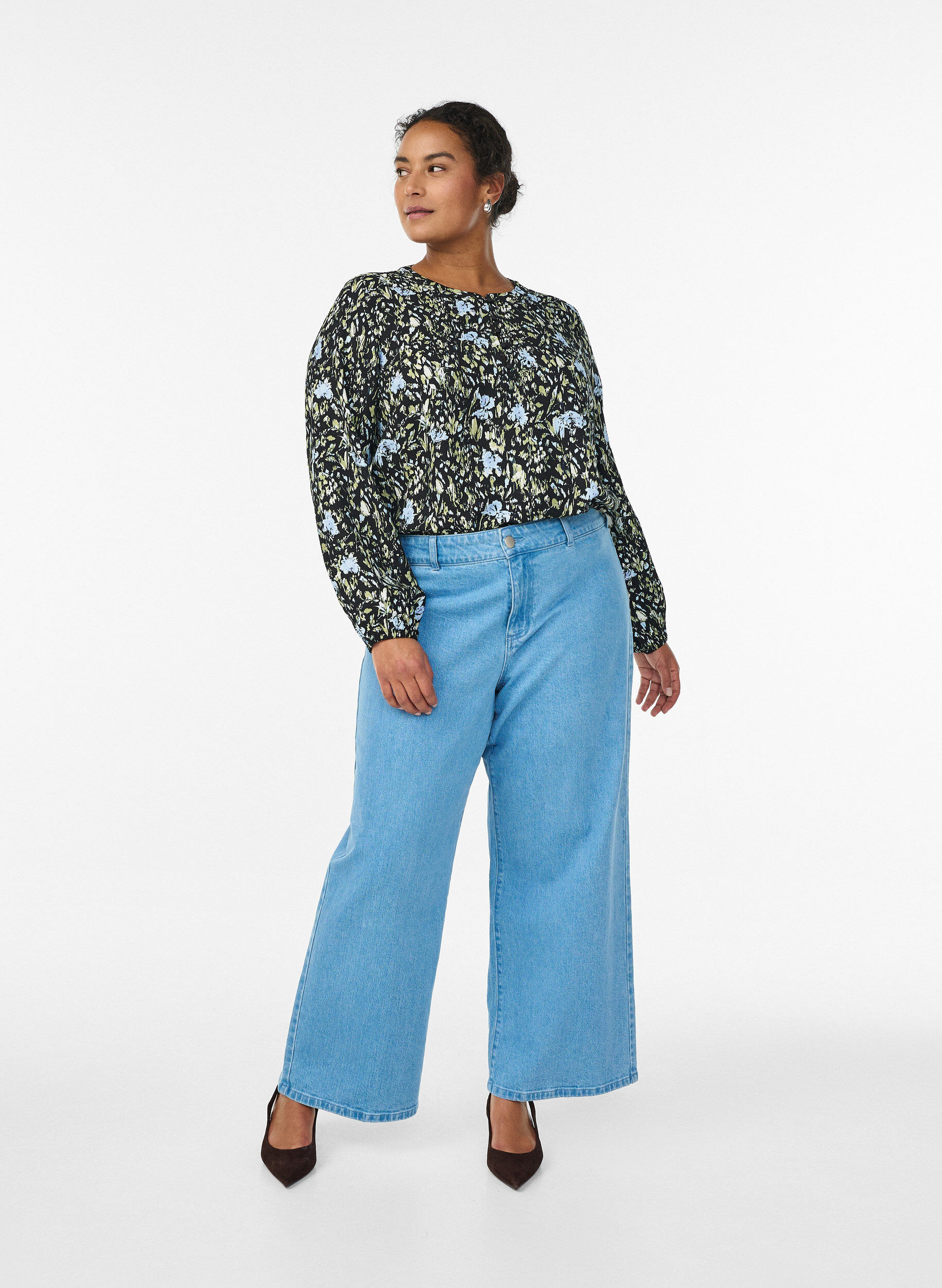 Zizzifashion Long-sleeved blouse with pattern and buttons, Black, Model image number 1