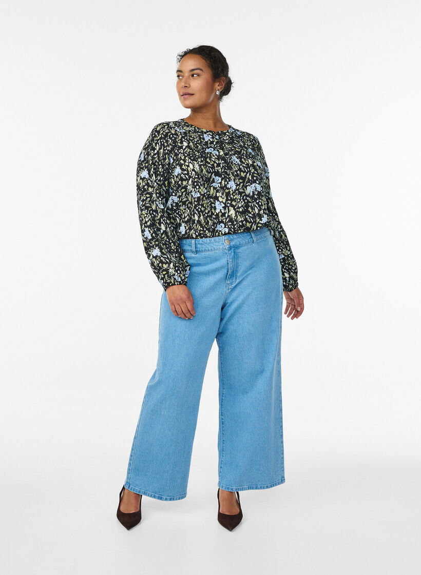 Long-sleeved blouse with pattern and buttons, Black, Model image number 1