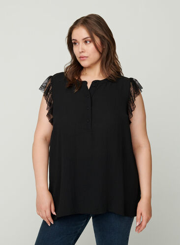 Short-sleeved top with lace, Black, Model image number 0