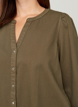Long cotton shirt with puff sleeves, Ivy Green, Model image number 2
