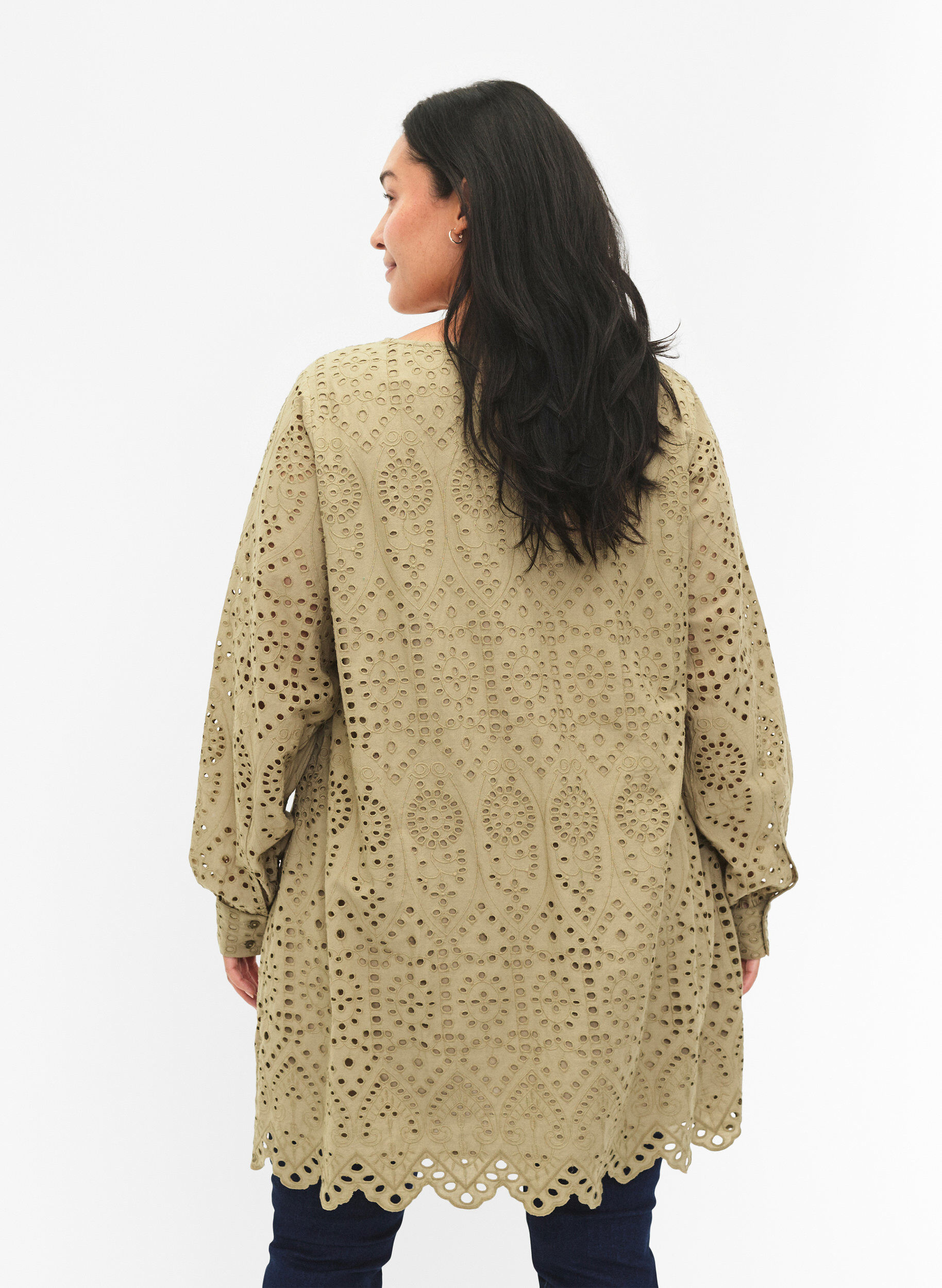 Zizzifashion Cotton tunic with broderie anglaise, Coriander, Model image number 1