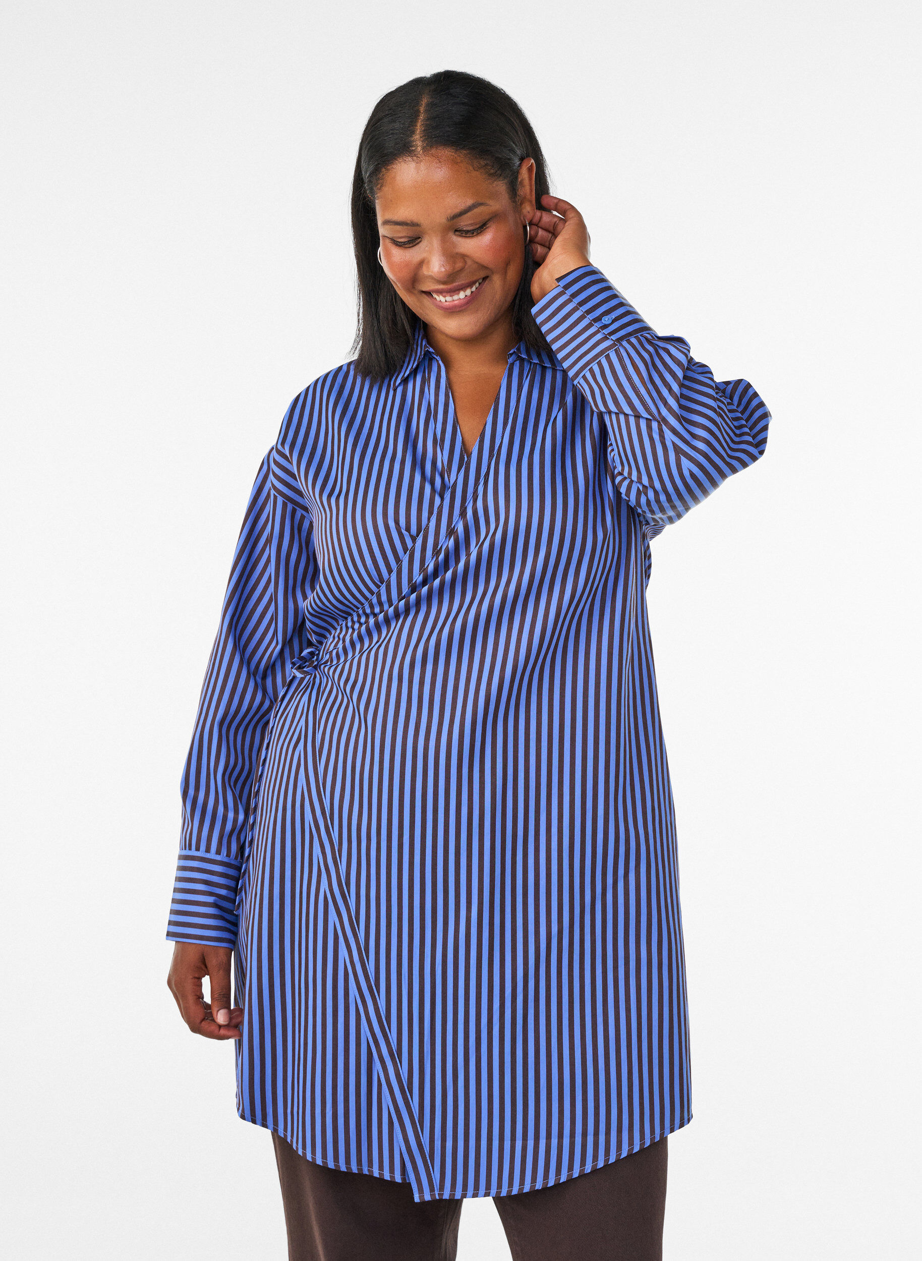 ZizzifashionStriped shirt with a wrap effect and a tie-belt, Blue, Model image number 0