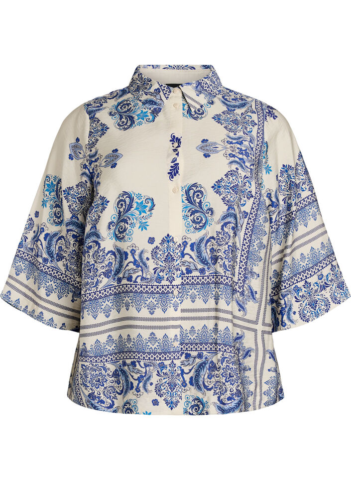 Patterned viscose blouse with 3/4 sleeves, Blue, Packshot image number 0
