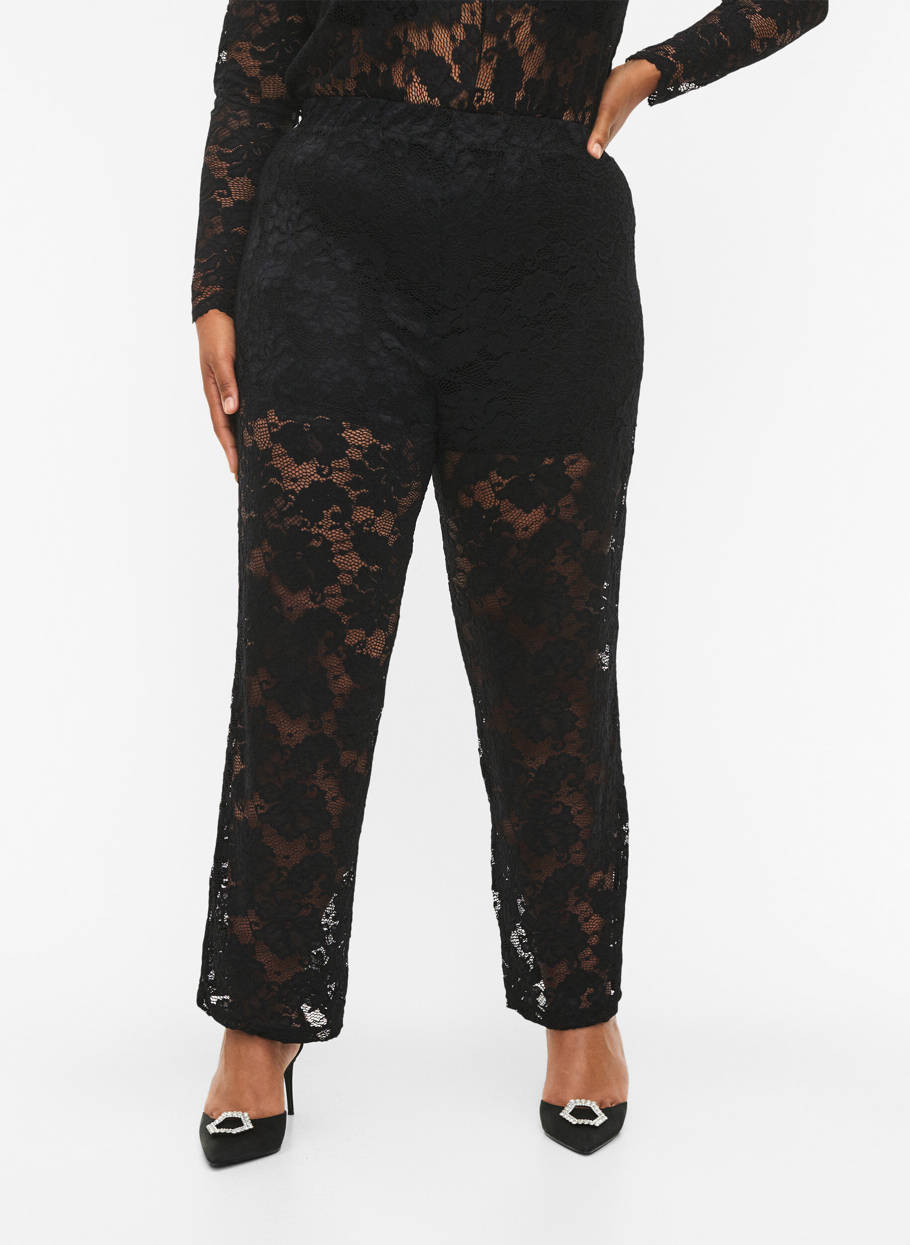 Zizzifashion Laced pants with straight fit, Black, Model image number 2