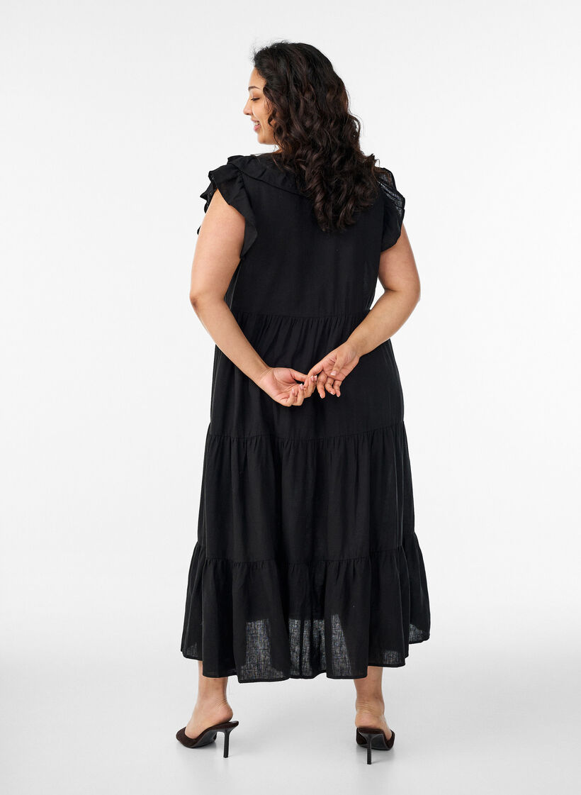 Sleeveless midi dress in linen and viscose with ruffles, Black, Model image number 1