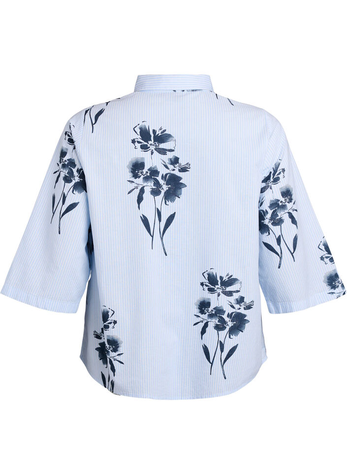 Striped shirt with floral print and 3/4 sleeves, Light Blue, Packshot image number 1