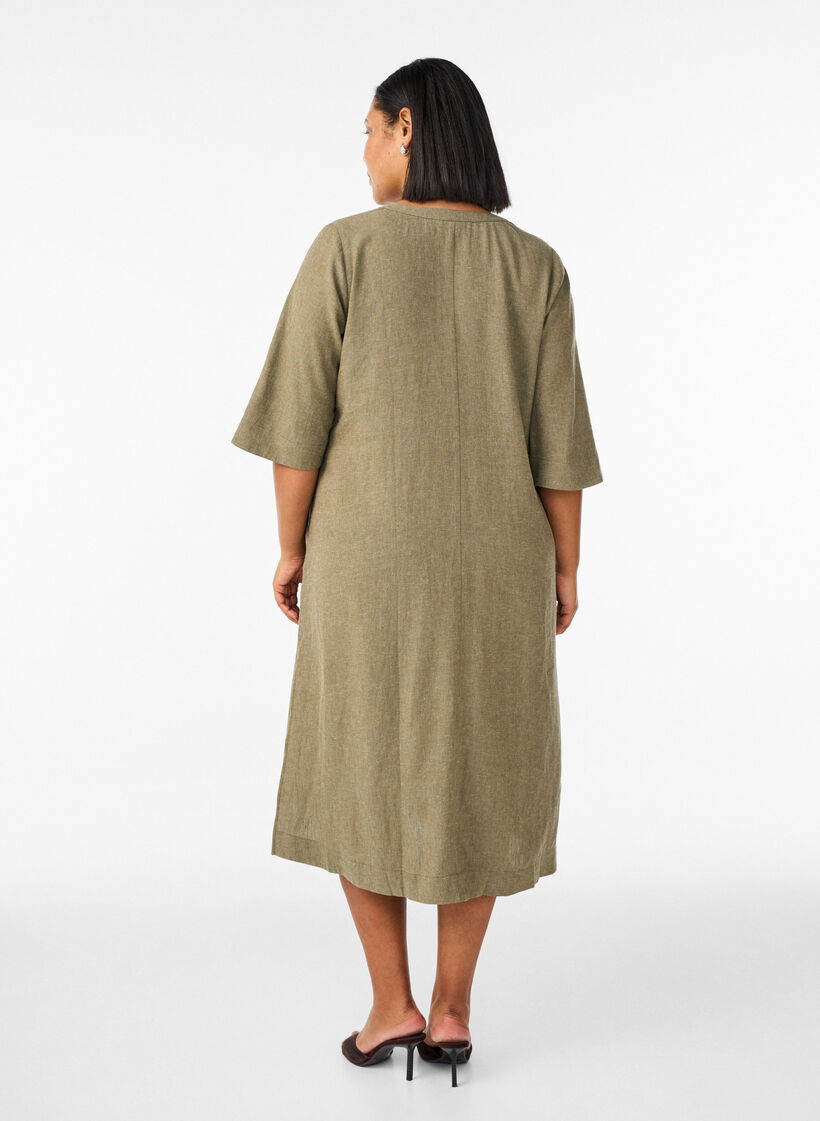 Midi dress in linen and viscose with 1/2 sleeves, Green, Model image number 2