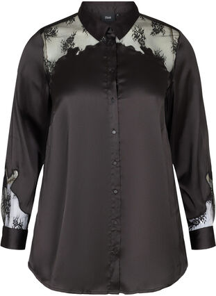 Shirt with mesh and lace, Black, Packshot image number 0