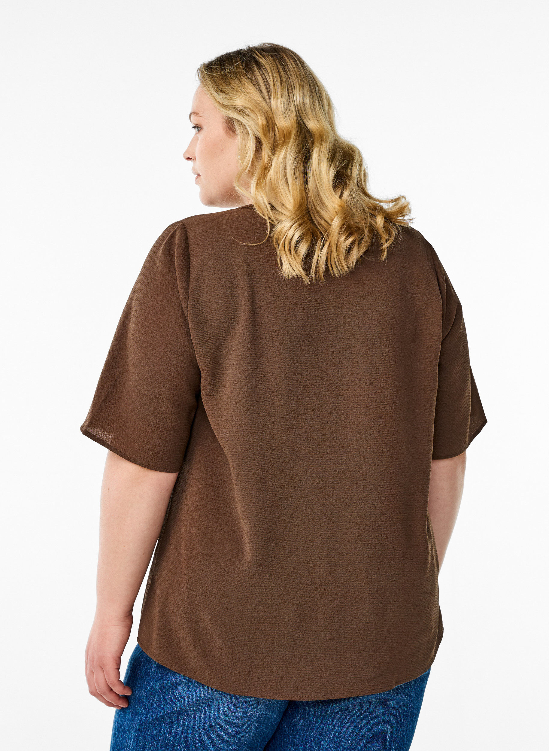 Zizzifashion Short-sleeved blouse with V-neck, Brown, Model image number 2