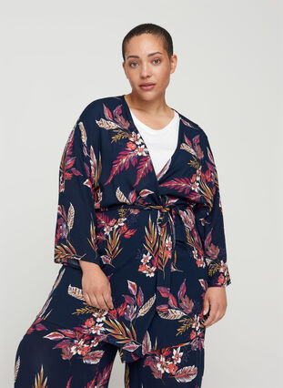 Floral viscose kimono with tie belt, Indian Summer Flower, Model image number 0