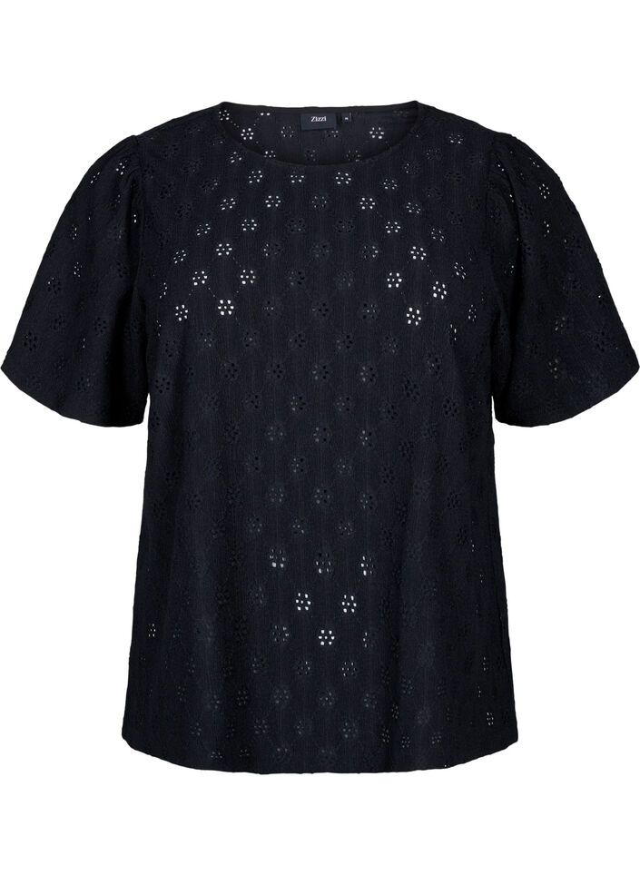 Short-sleeved blouse with hole pattern, Black, Packshot image number 0