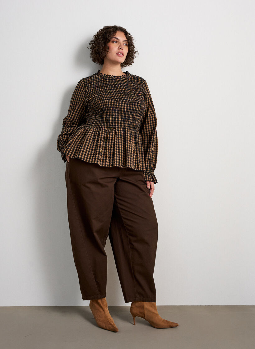 Checked blouse with smocking and peplum, Brown, Model image number 1