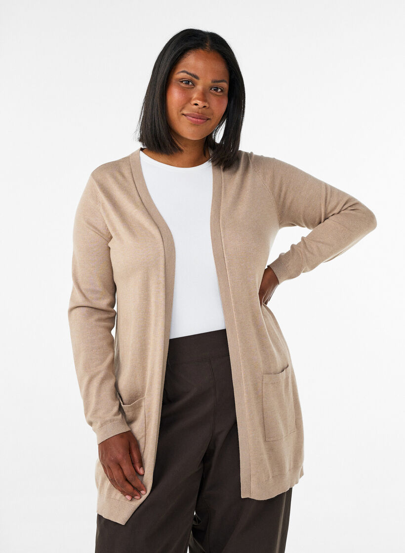 Long knitted cardigan in a viscose blend, Beige, Model image number 0