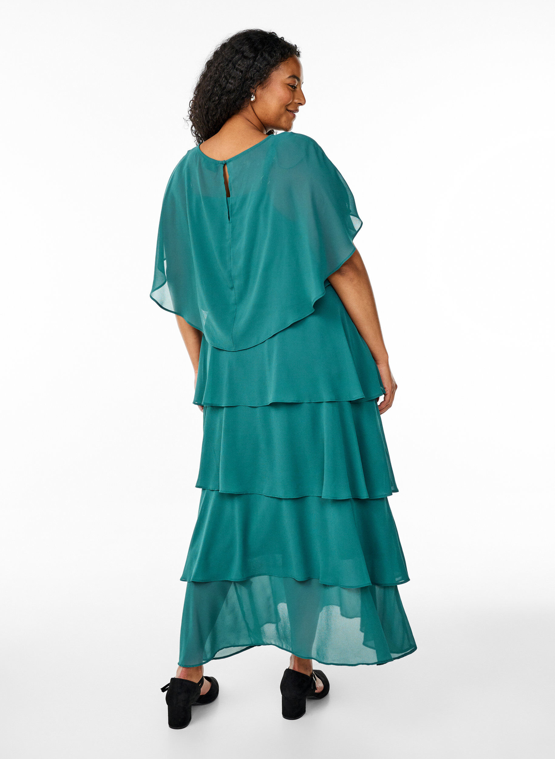 Zizzifashion Maxi dress with ruffle layers and detachable cape, Green, Model image number 2