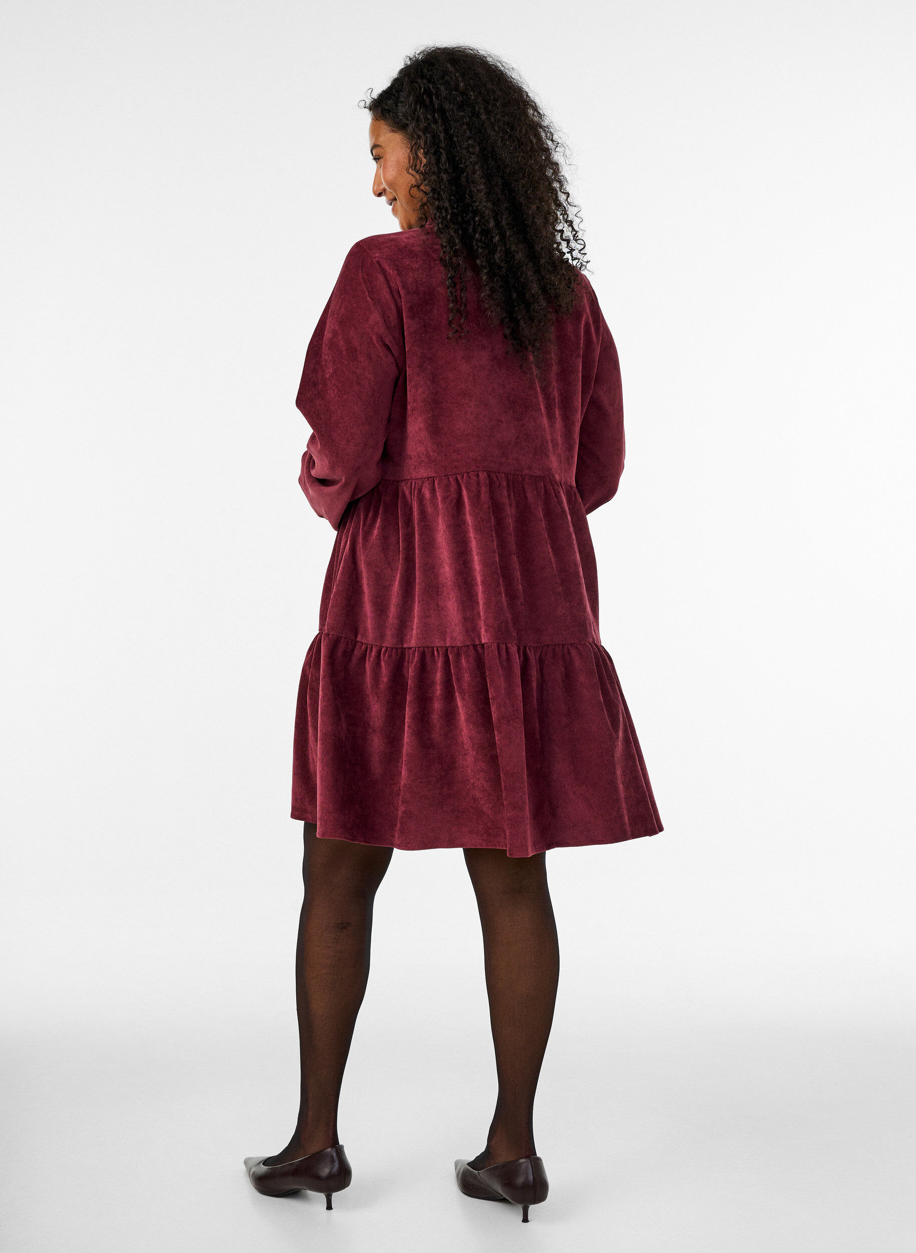 ZizzifashionCorduroy dress with A-line shape and stand collar, Red, Model image number 2