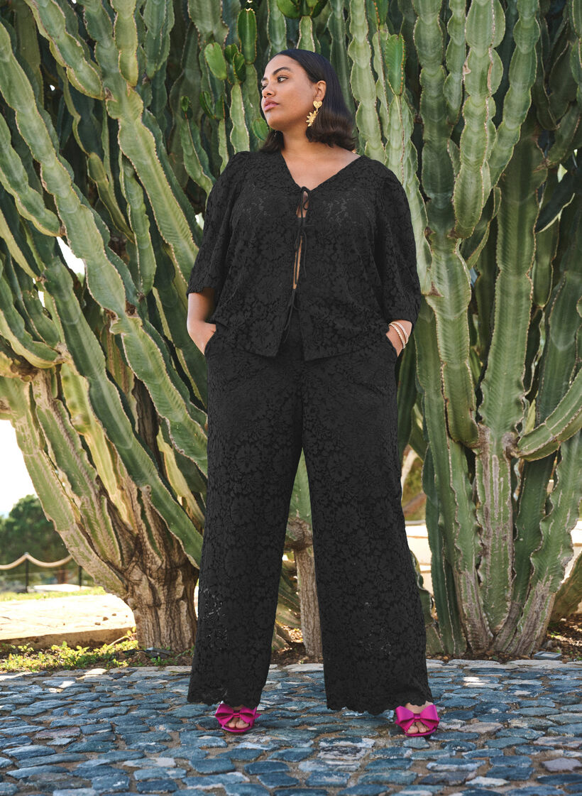 Lace blouse with 3/4 sleeves and bows on the front, Black, Image image number 0