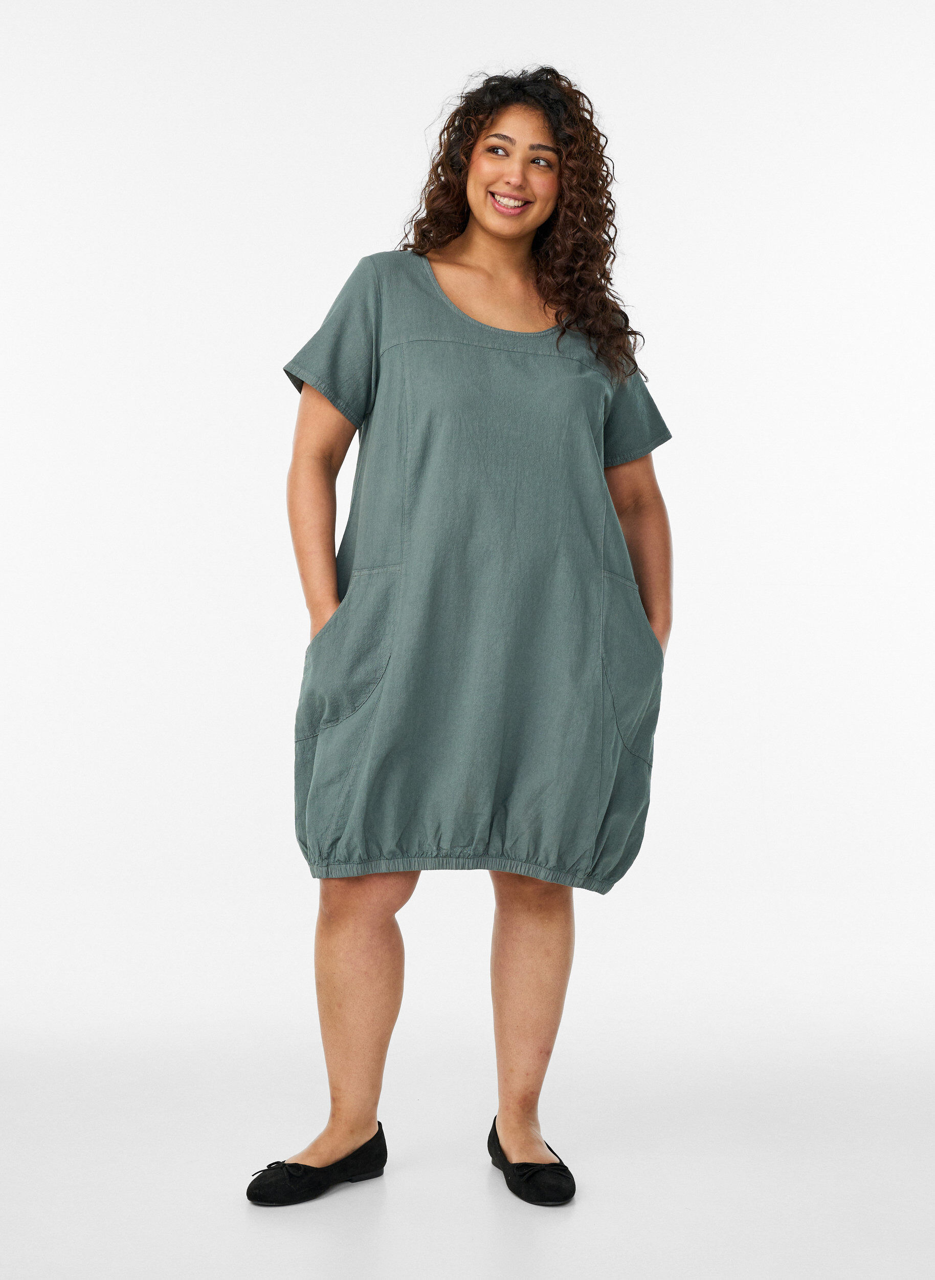 ZizzifashionShort-sleeved cotton dress, Green, Model image number 1