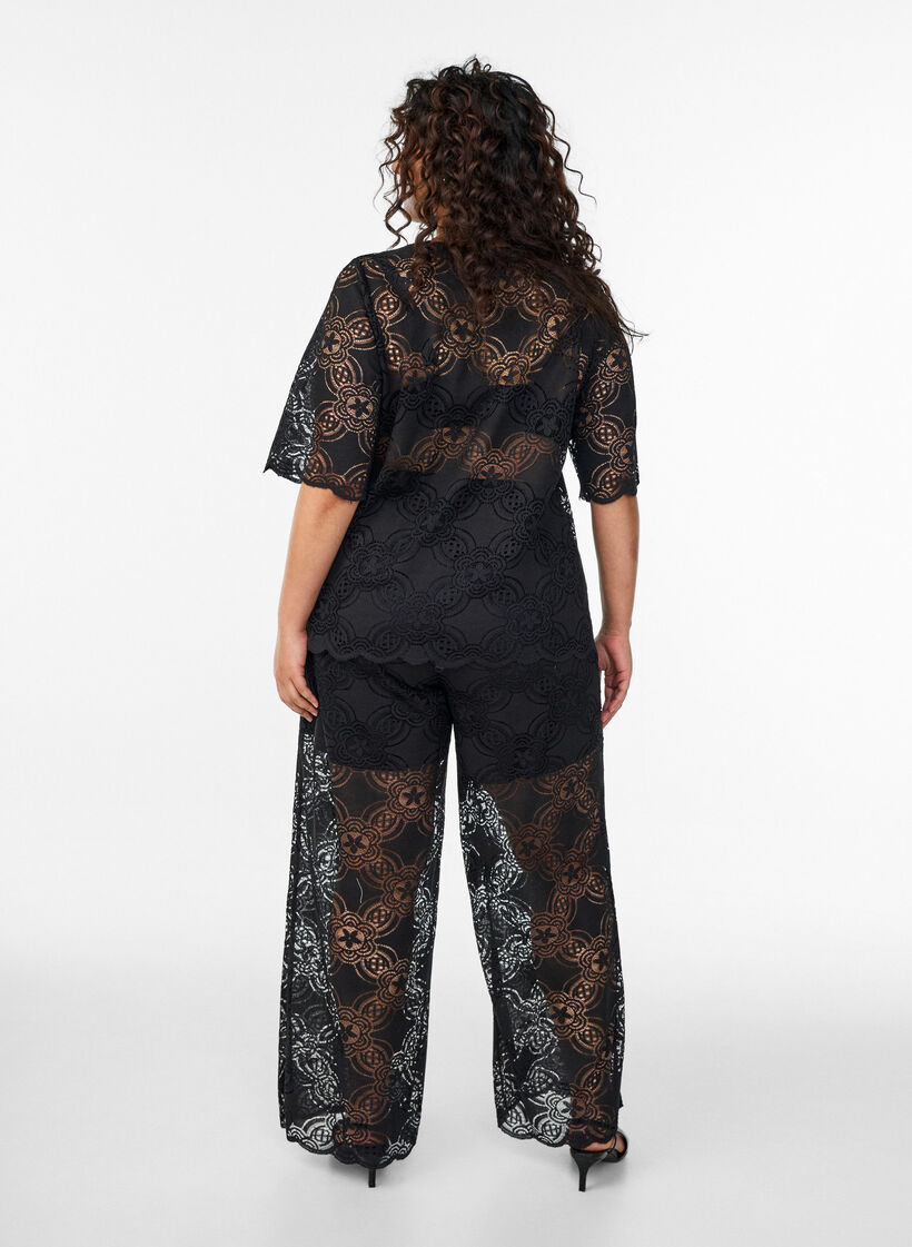 Lace blouse with a graphic pattern and 1/2-length sleeves, Black, Model image number 2