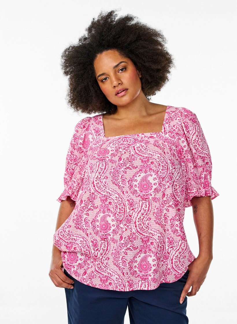 Viscose blouse with paisley print and a square neckline, Pink, Model image number 0