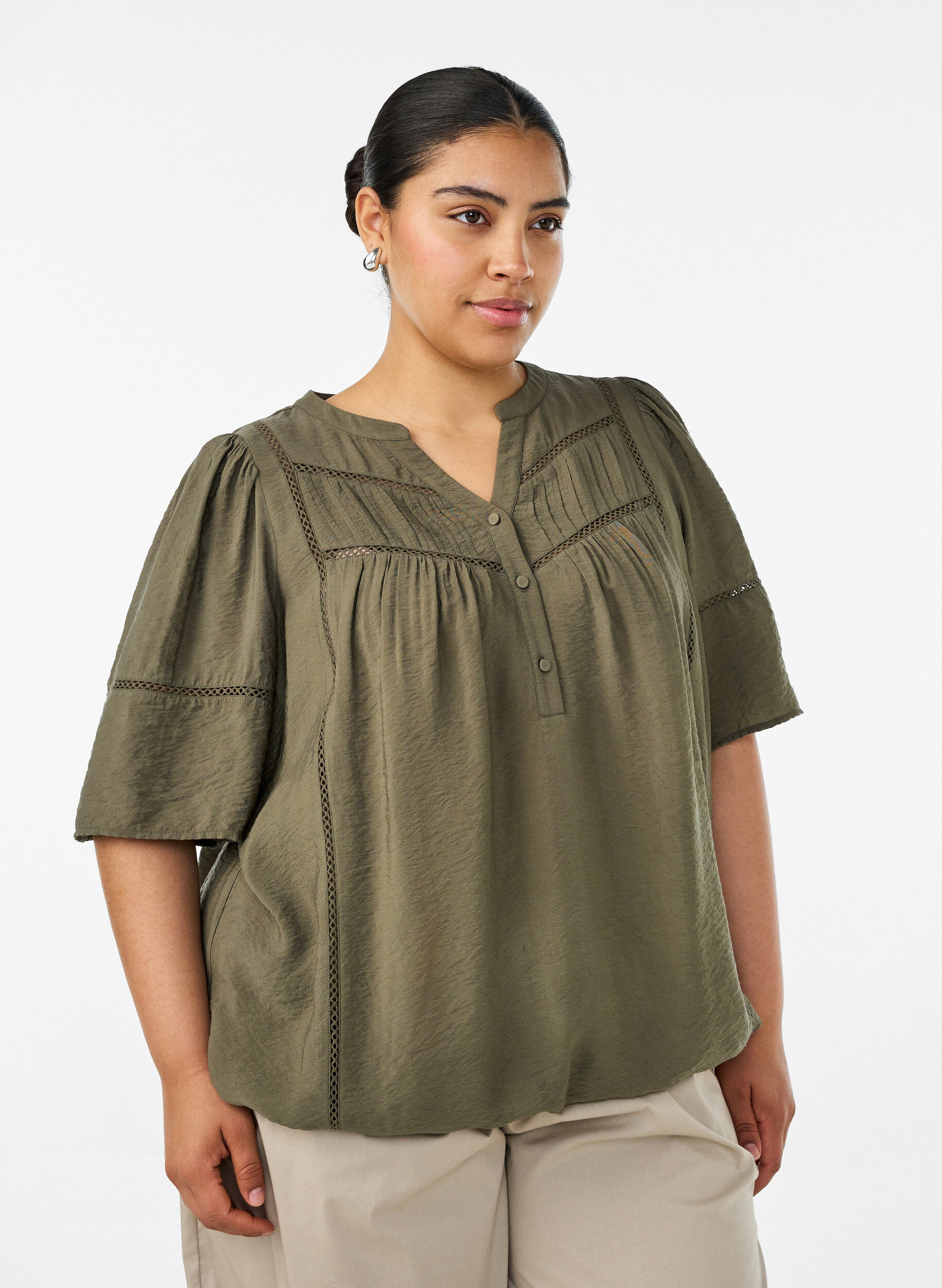 ZizzifashionViscose blouse with pintucks and balloon effect, Green, Model image number 0