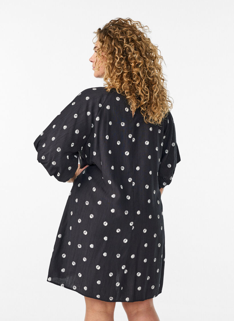 Short viscose dress with balloon sleeves, Black, Model