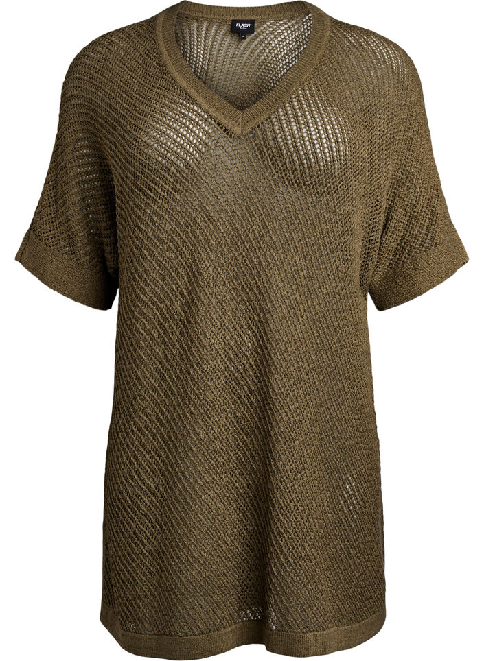 FLASH - Short-sleeved knitted blouse with v-neck, Green, Packshot image number 0