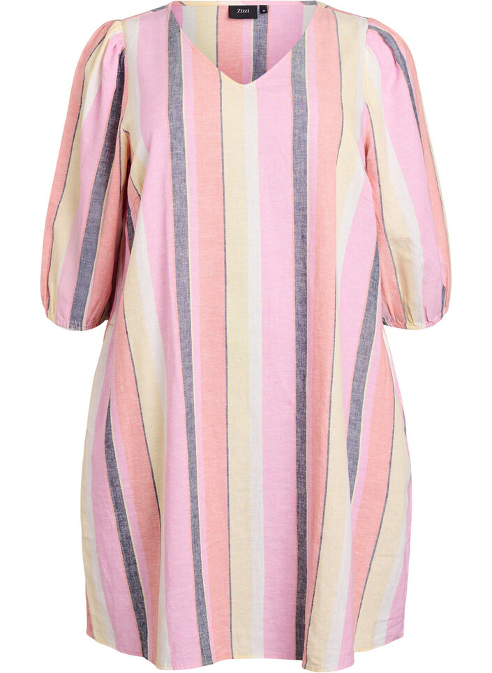 Short dress in linen and viscose with 3/4 sleeves, Yellow, Packshot image number 0