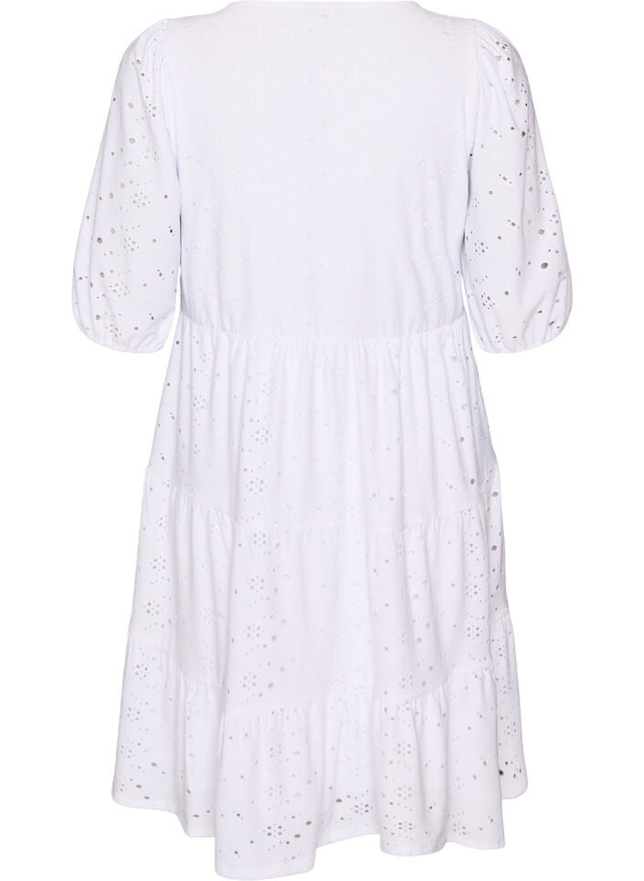 Broderie anglaise dress with a V-neck and 1/2 sleeves, White, Packshot image number 1