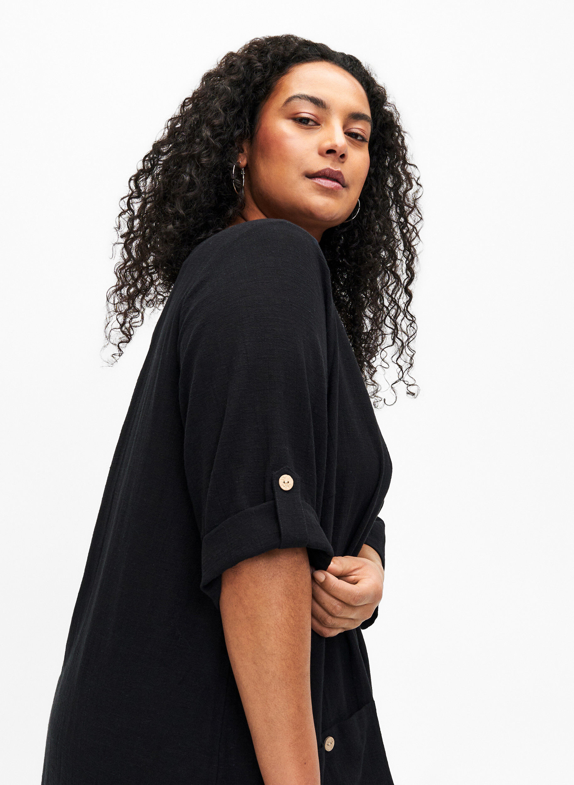 Zizzifashion 3/4 sleeve cotton blend tunic with linen, Black, Model image number 2