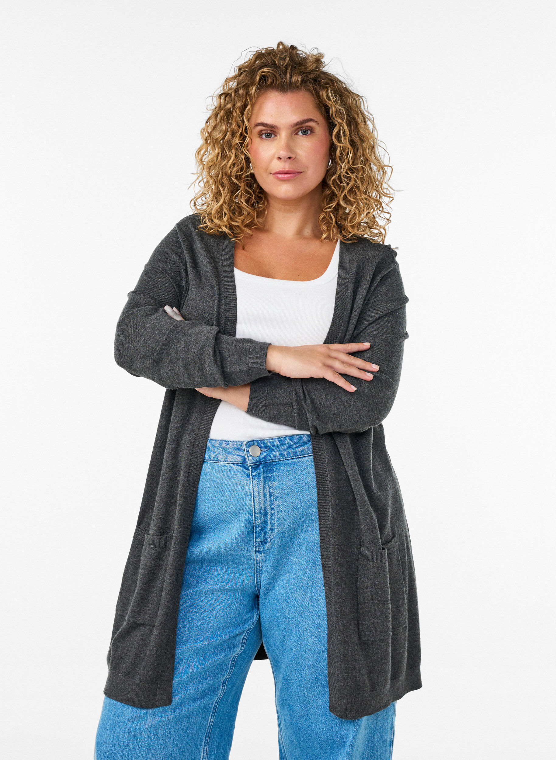 Long knitted cardigan in a viscose blend, Dark Grey, Model