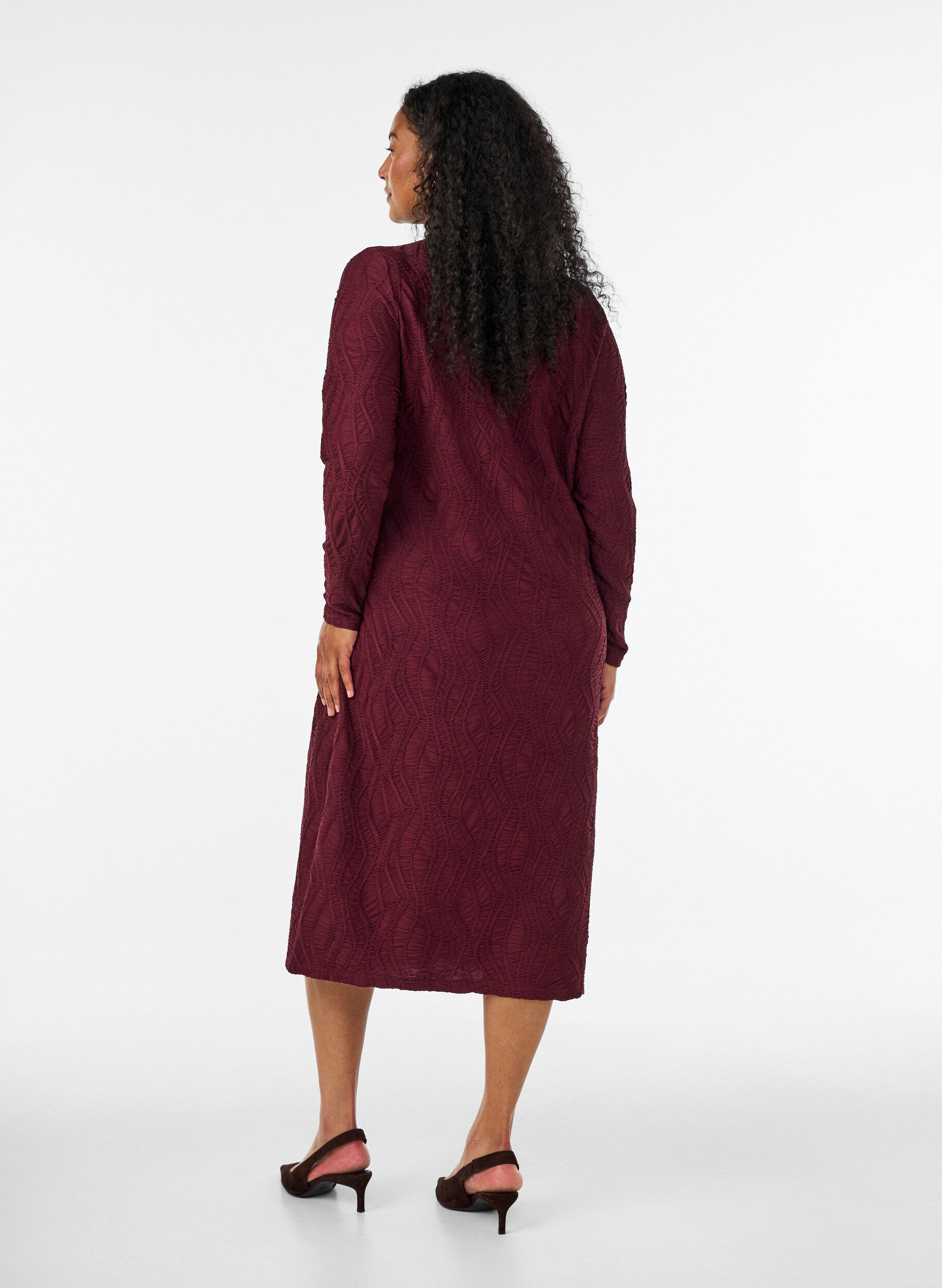 ZizzifashionMidi dress with a wavy texture and long sleeves, Red, Model image number 1