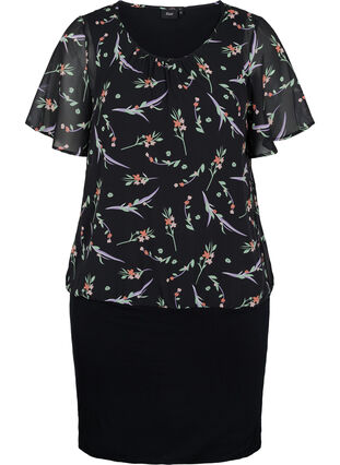 Short-sleeved dress with a floral top part, Black AOP, Packshot image number 0