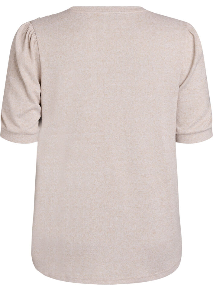 Blouse with button detail and short puff sleeves, Beige, Packshot image number 1