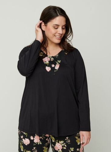 Long-sleeved cotton pyjama top, Black w. Flower, Model image number 0