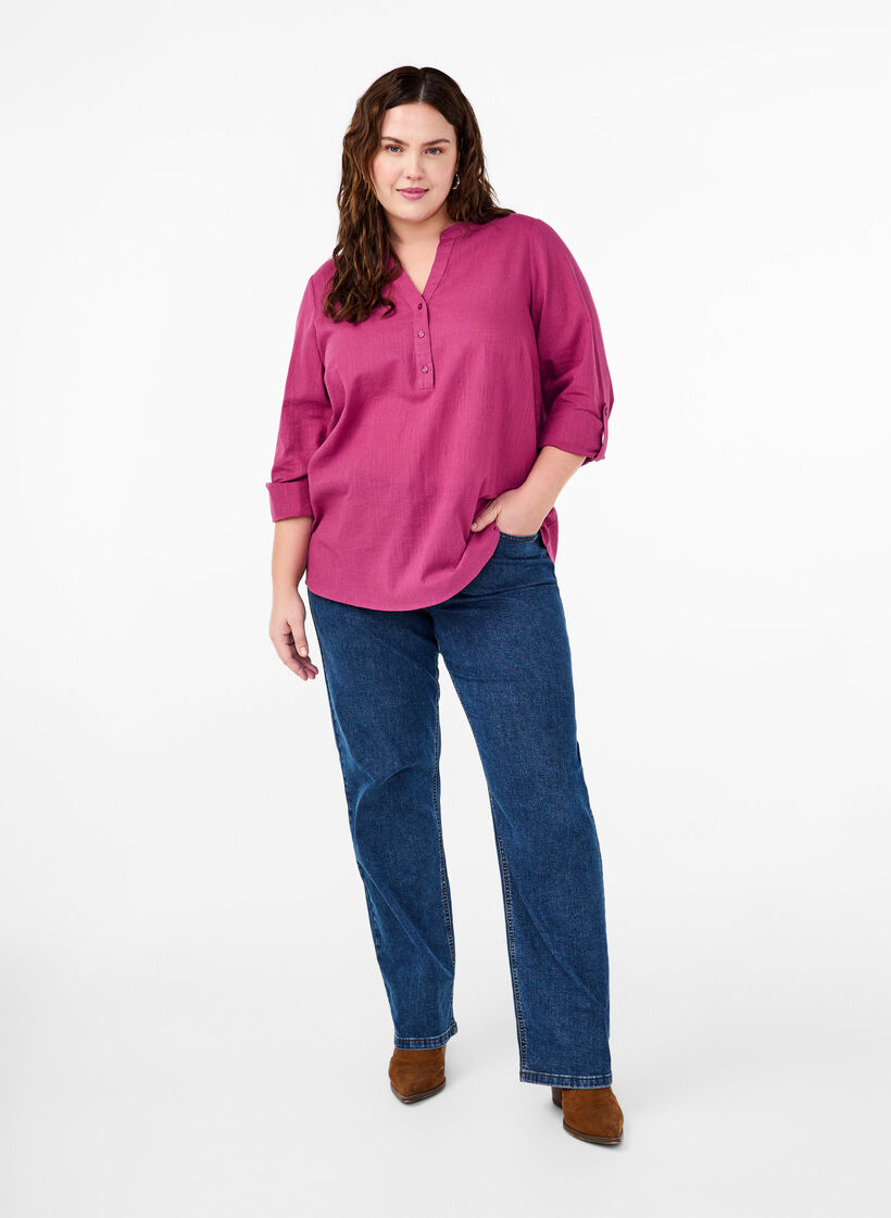 Cotton shirt blouse with v-neck, Malaga, Model image number 2