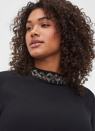 Long-sleeved, beaded viscose blouse, Black, Model image number 2