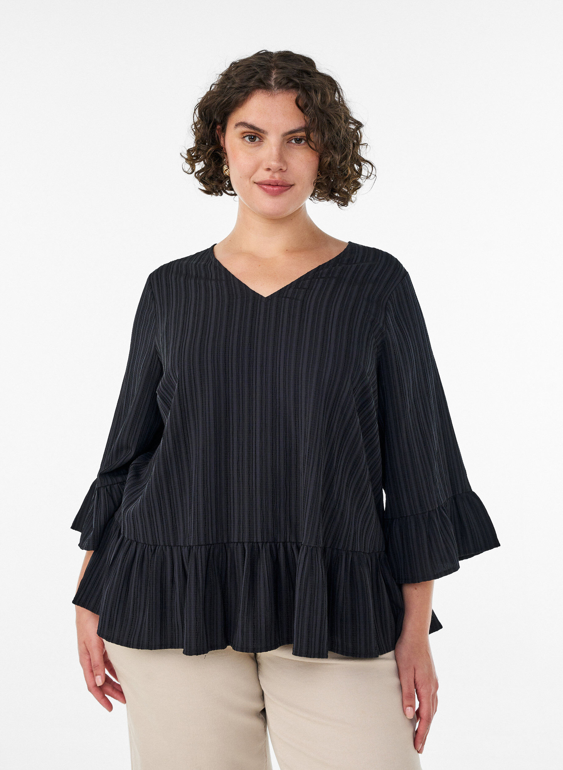 Zizzifashion Blouse with texture, V-neck and ruffles, Black, Model image number 0