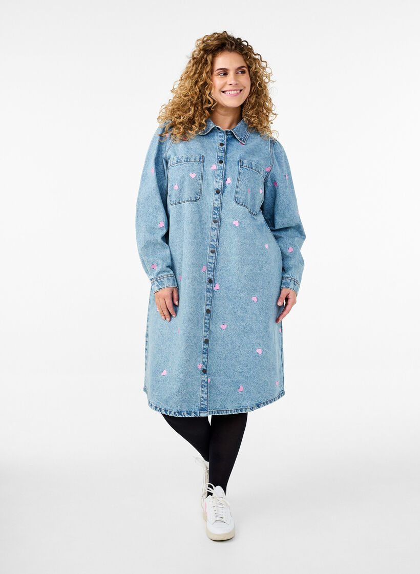 Denim dress with hearts and chest pockets, Light Blue, Model image number 0