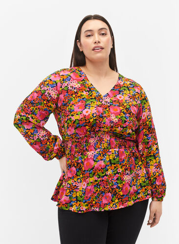 Viscose top with floral print and smock, Neon Flower Print, Model image number 0