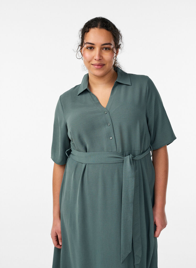 Midi shirt dress with tie belt, Green, Model image number 2