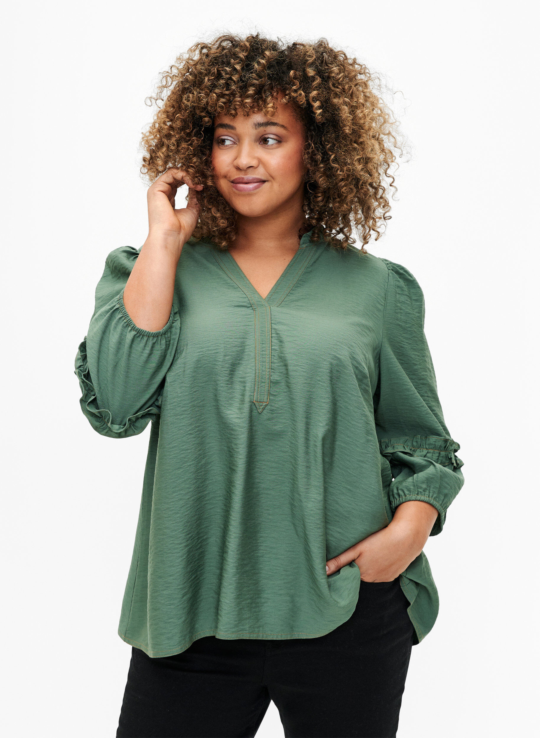 Zizzifashion Blouse with ruffles, Duck Green, Model image number 0