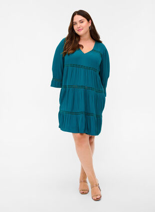 Viscose A-line dress with lace trim, Pacific, Model image number 2