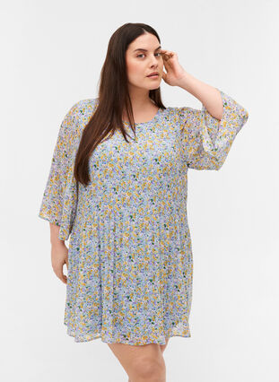 Pleated tunic with floral print and 3/4 sleeves, Purple Yellow AOP, Model image number 0