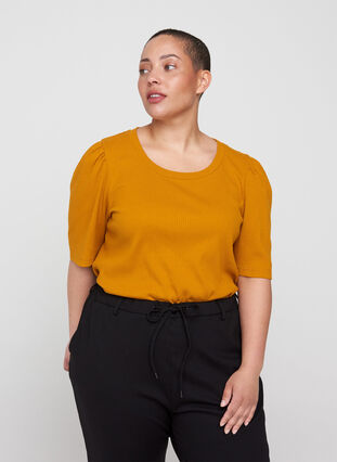 Rib t-shirt with short puff sleeves, Buckthorn Brown, Model image number 0