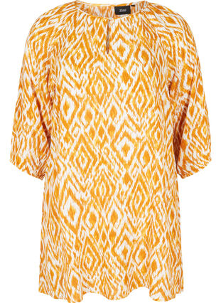 Printed viscose tunic with 3/4 sleeves, Golden Yellow AOP, Packshot image number 0