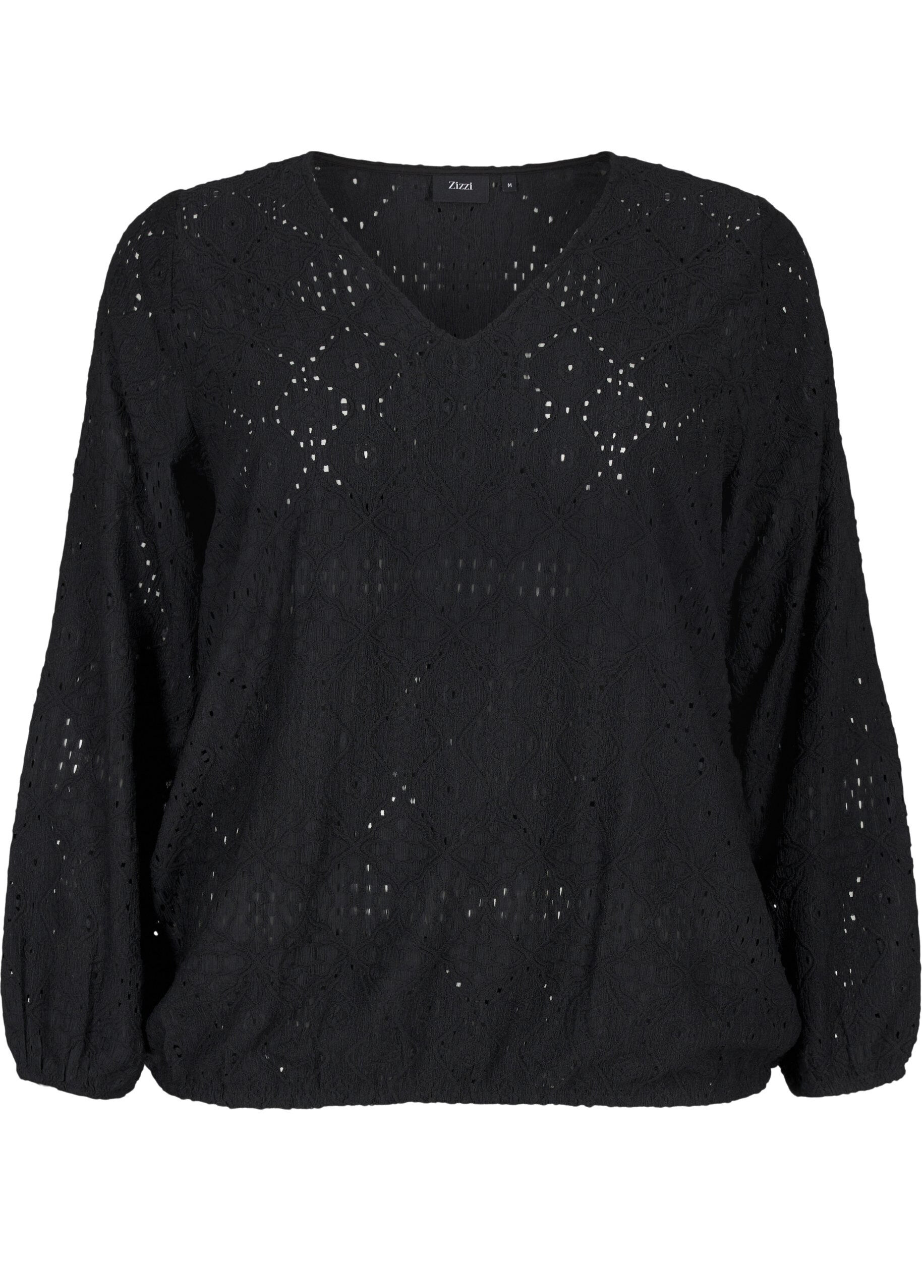 Zizzifashion Long-sleeved blouse with V-neck and hole pattern, Black, Packshot image number 0