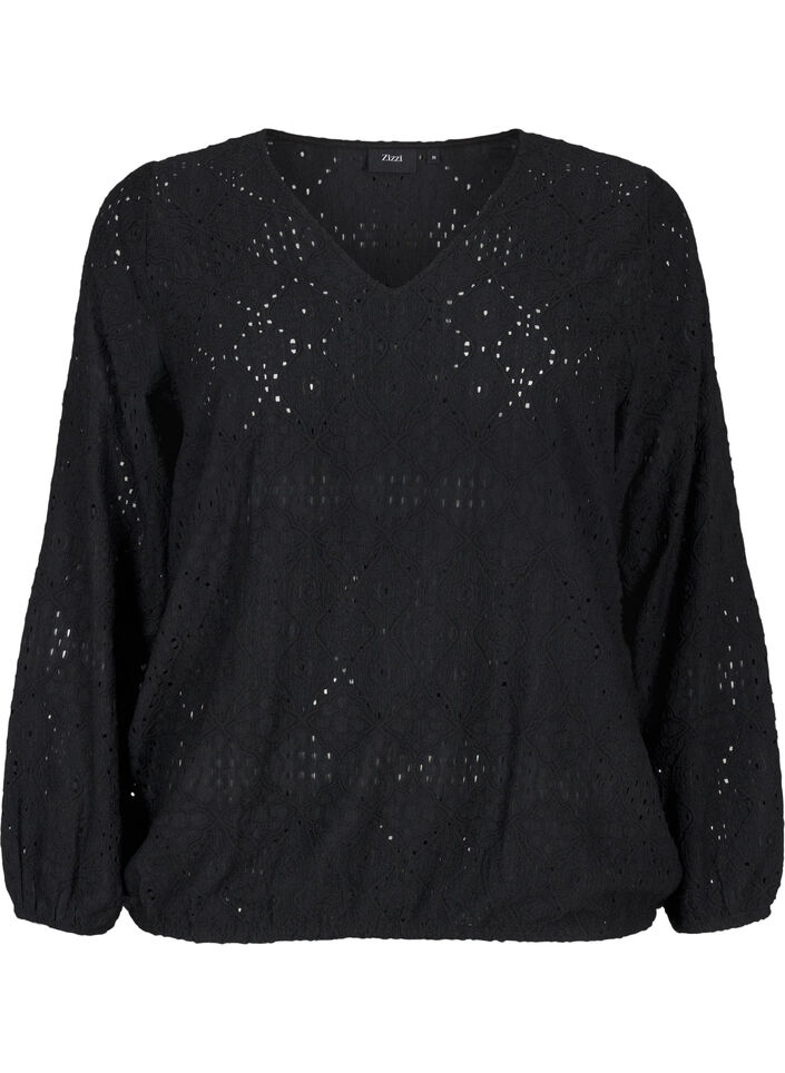 Long-sleeved blouse with V-neck and hole pattern, Black, Packshot image number 0