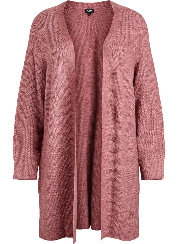 Long ribbed cardigan with an open front, Rose, Packshot image number 0