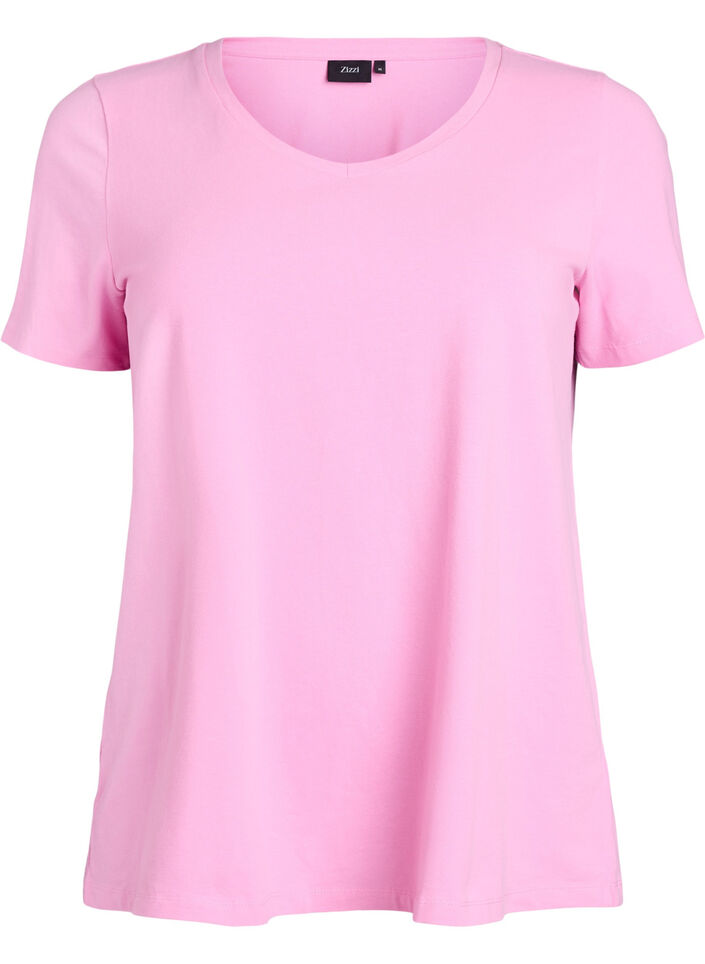 Solid coloured basic t-shirt in cotton, Pink, Packshot image number 0