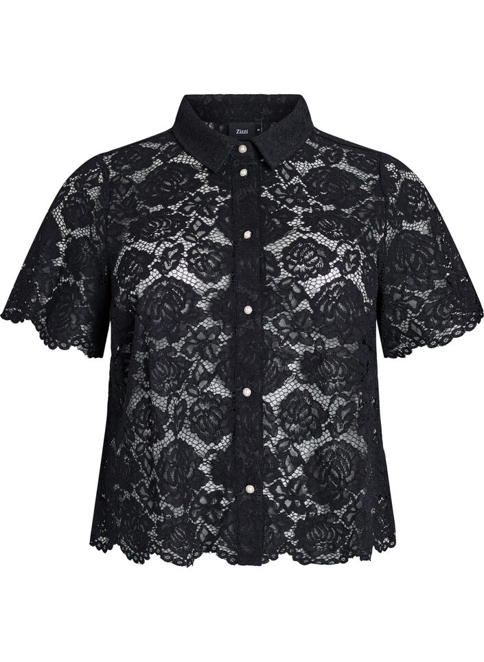 Lace shirt blouse with pearl buttons, Black, Packshot image number 0